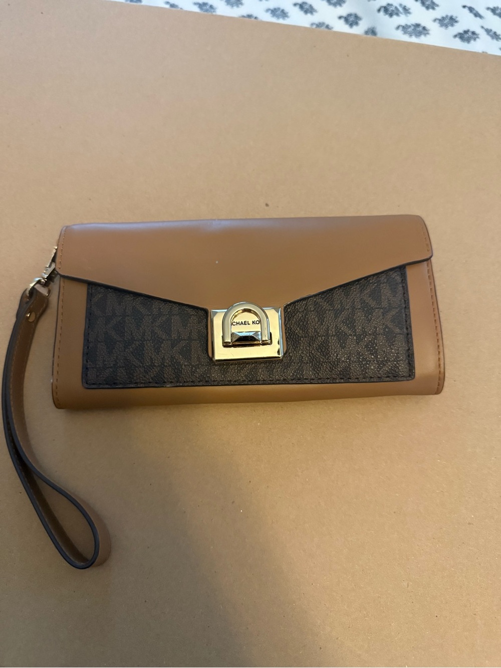 Michael Kors Brown and Tan Wristlet Clutch with Gold Hardware